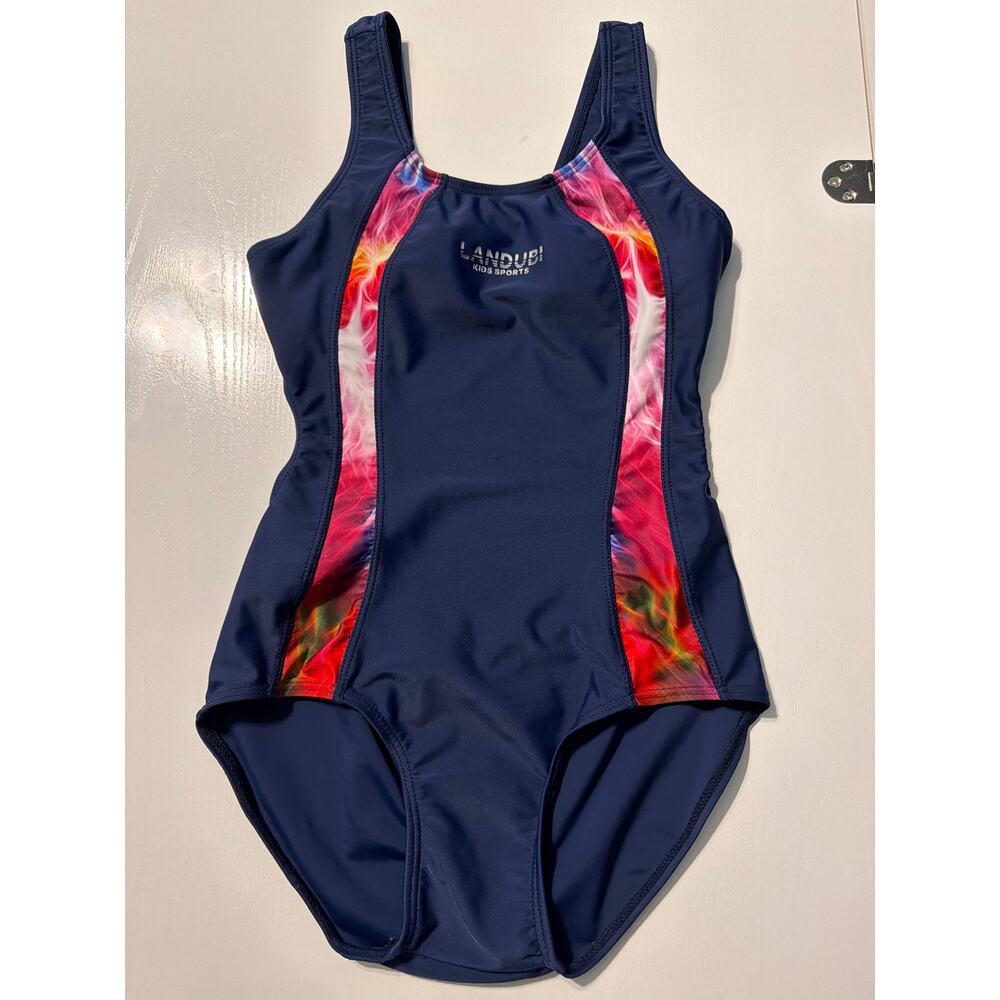 Girls Sz 140 Landubi Kids Sports Navy 1 piece swimsuit